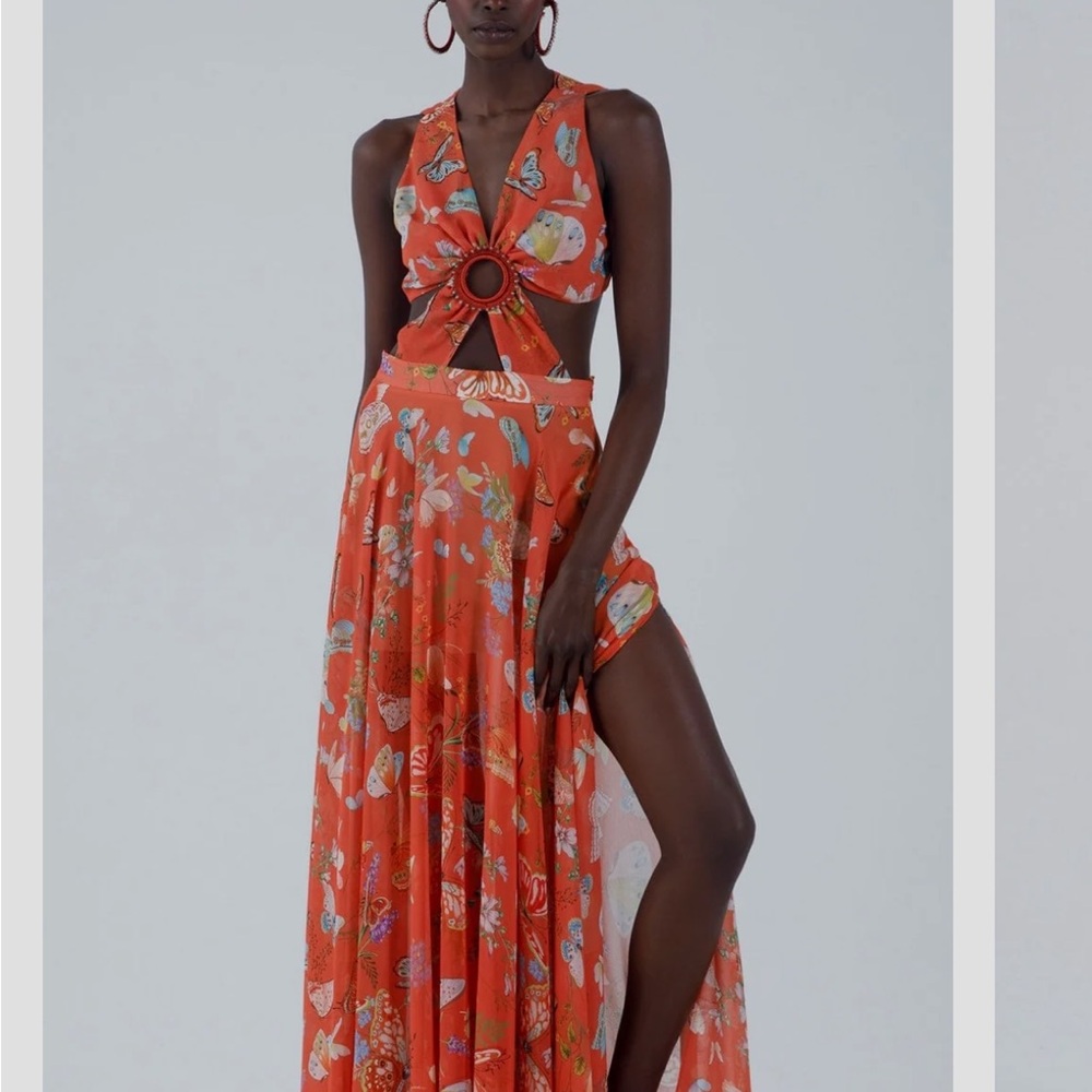 NWT Orange Pink Cut Out Tie Front Halter Sundress with butterflies